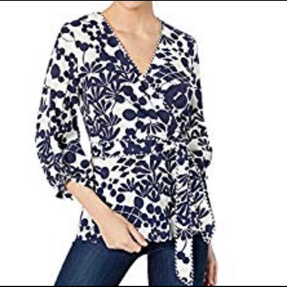 Trina Turk Navy Floral Surplice Shirt NWT Sz L